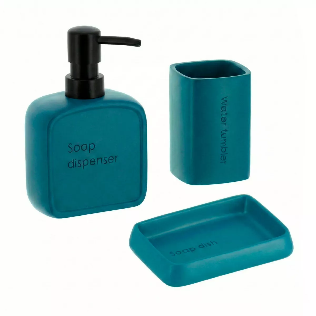 Set bicchiere distributore e porta sapone in resina poliestere incisa Julia Blu ottanio