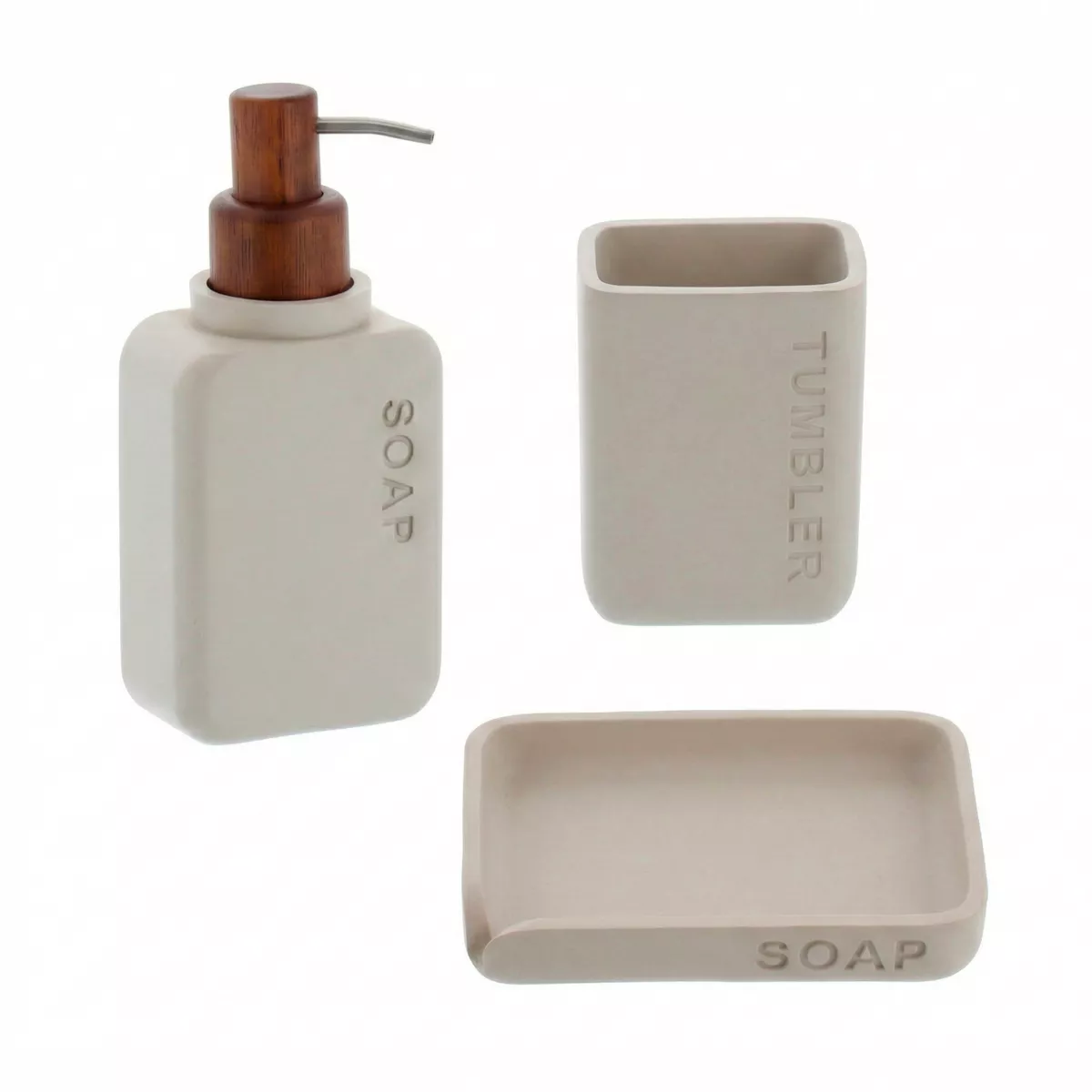 SET GOBELET DISTRIBUTEUR A SAVON ET PORTE SAVON POLYRESINE GRAVE - BEIGE