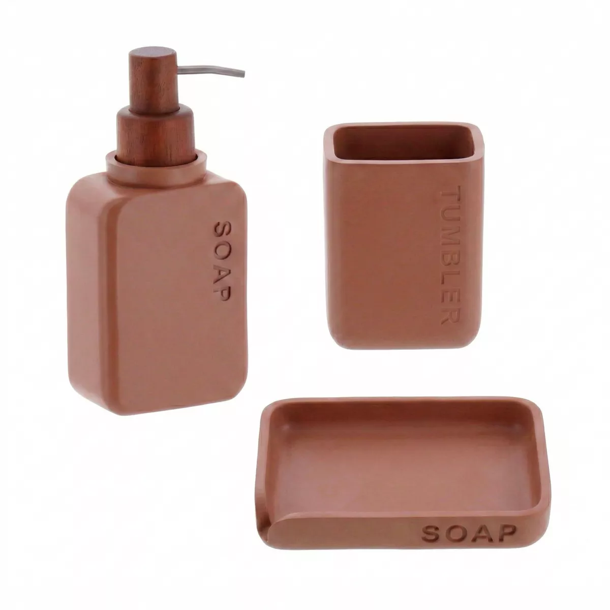Set bicchiere distributore e porta sapone in poliresina incisa Sia Marrone mocha
