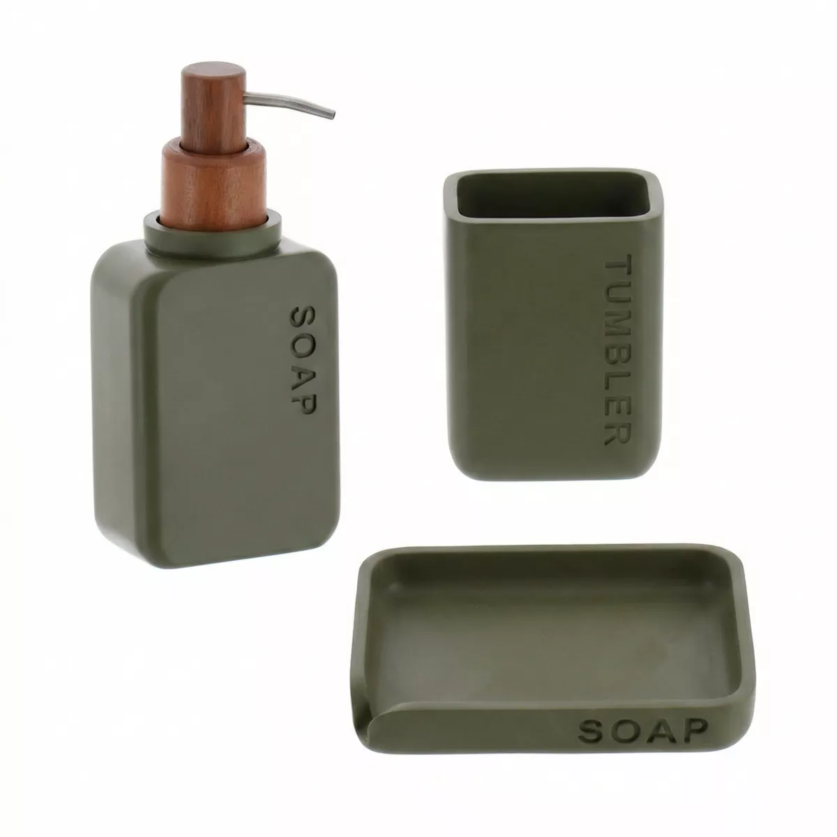 Set bicchiere distributore e porta sapone in poliresina incisa Sia Verde oliva
