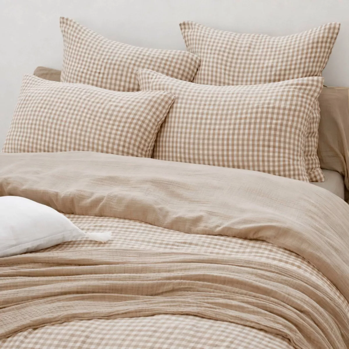 EM - Housse de couette rŽversible 260 x 240 cm Gaze de coton tissŽe teinte GAìA VICHY Ficelle