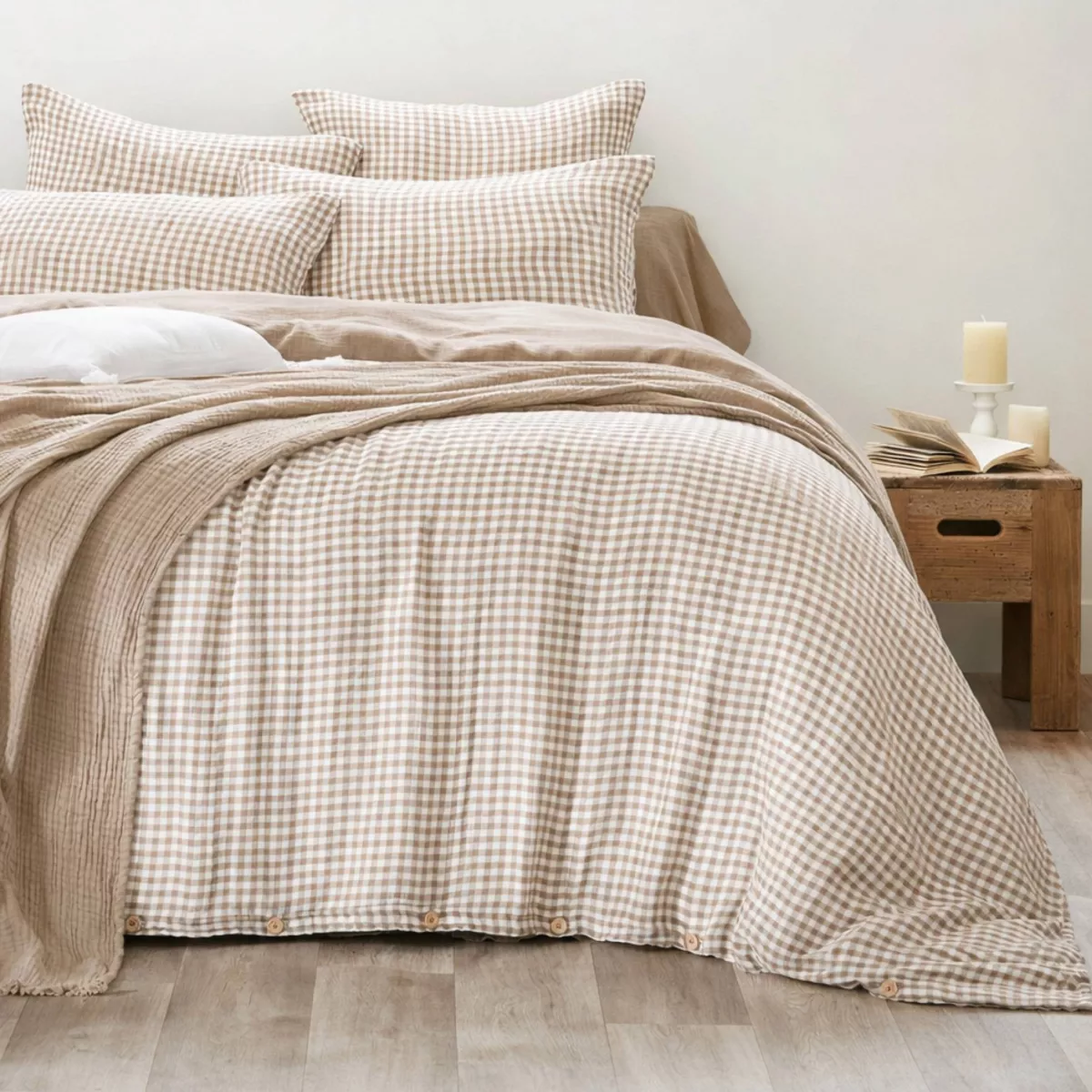 EM - Housse de couette rŽversible 280 x 240cm Gaze de coton tissŽe teinte GAìA VICHY Ficelle