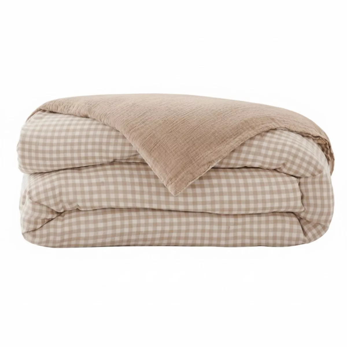 EM - Housse de couette rŽversible 280 x 240cm Gaze de coton tissŽe teinte GAìA VICHY Ficelle