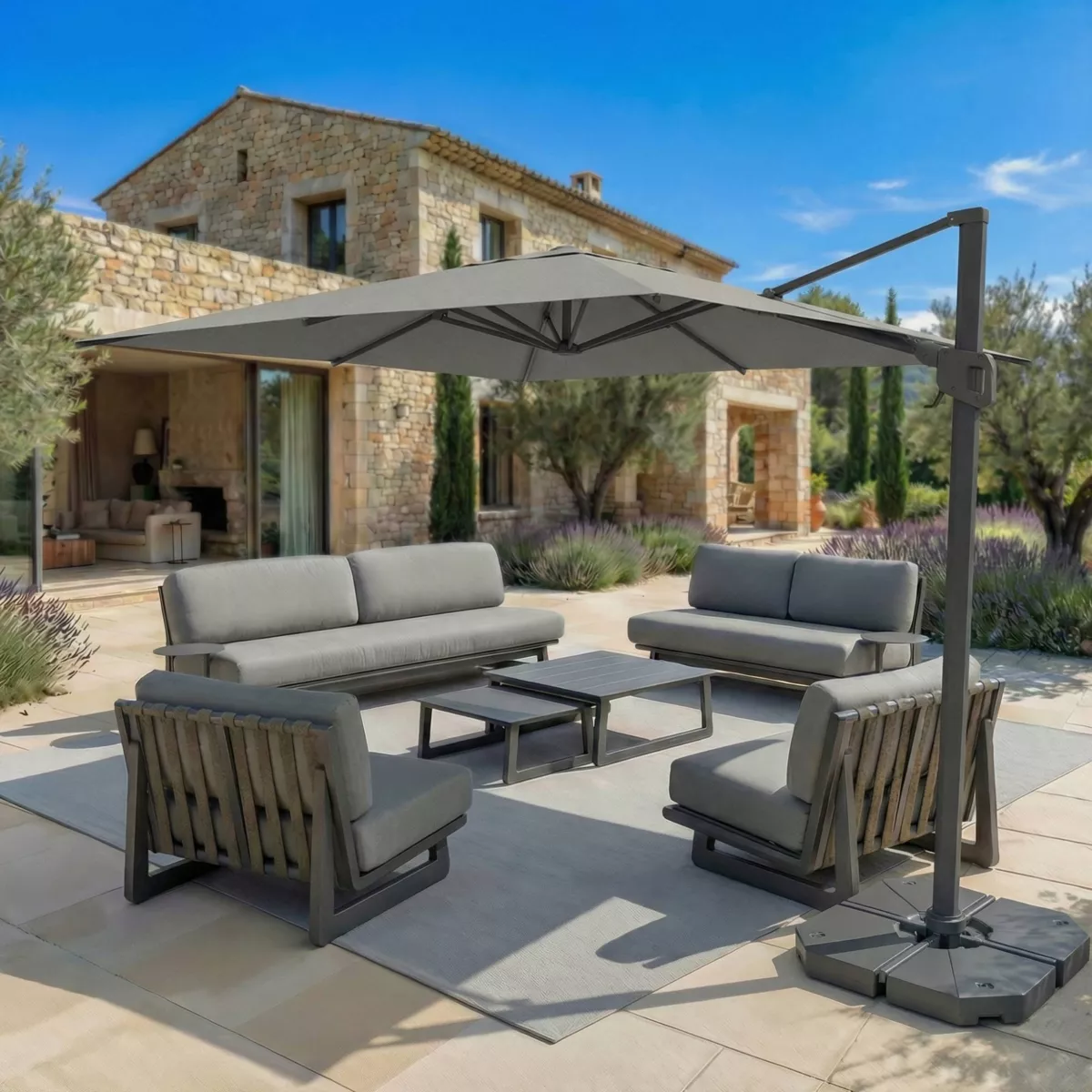 Ombrellone sporgente rettangolare in alluminio con base (3 x 4 m) Elyra Antracite e Grigio