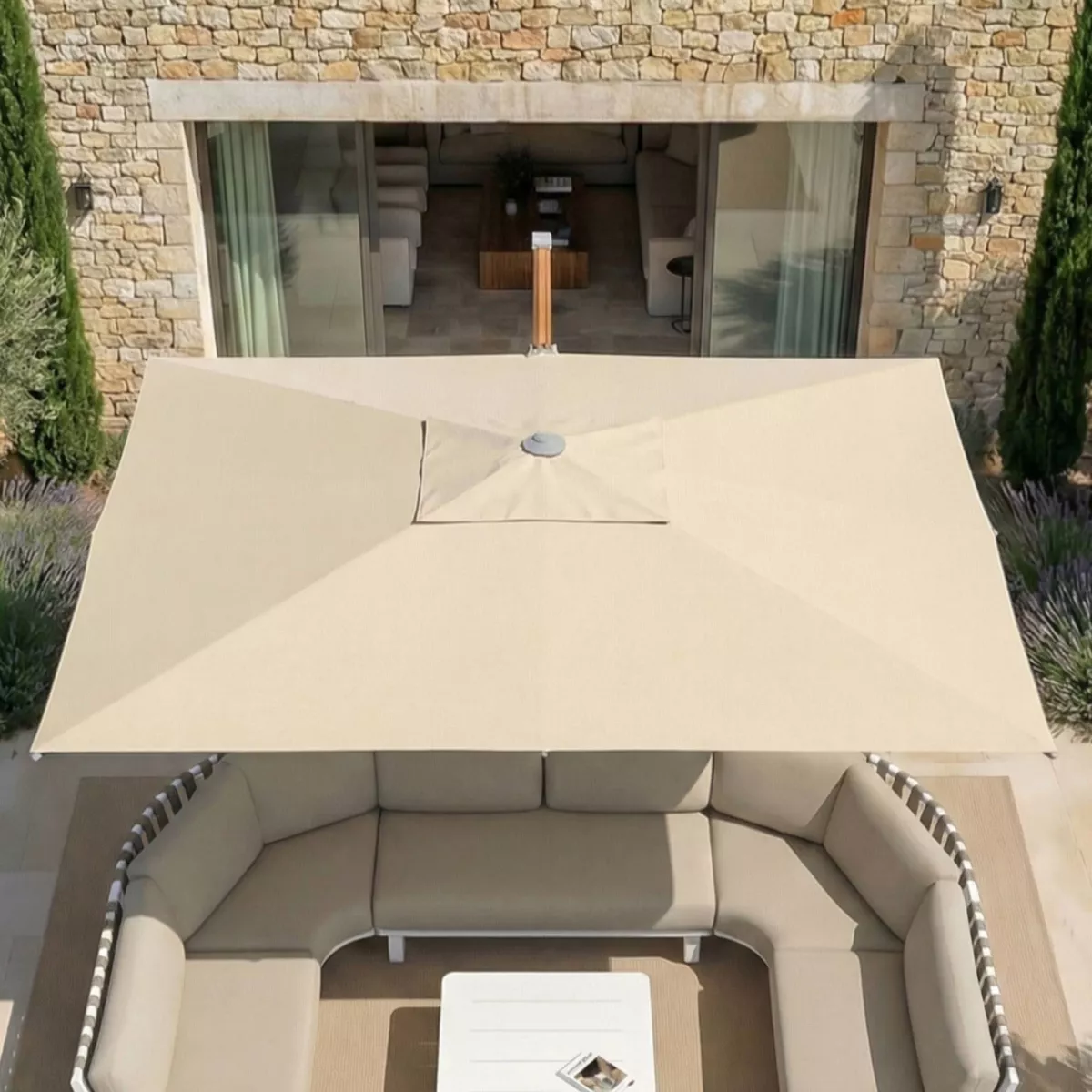 Ombrellone sporgente rettangolare in alluminio con base (3 x 4 m) Elyra effetto legno e Beige