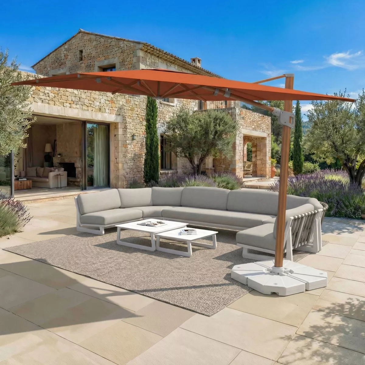 Ombrellone sporgente rettangolare in alluminio con base (3 x 4 m) Elyra effetto legno e Terracotta