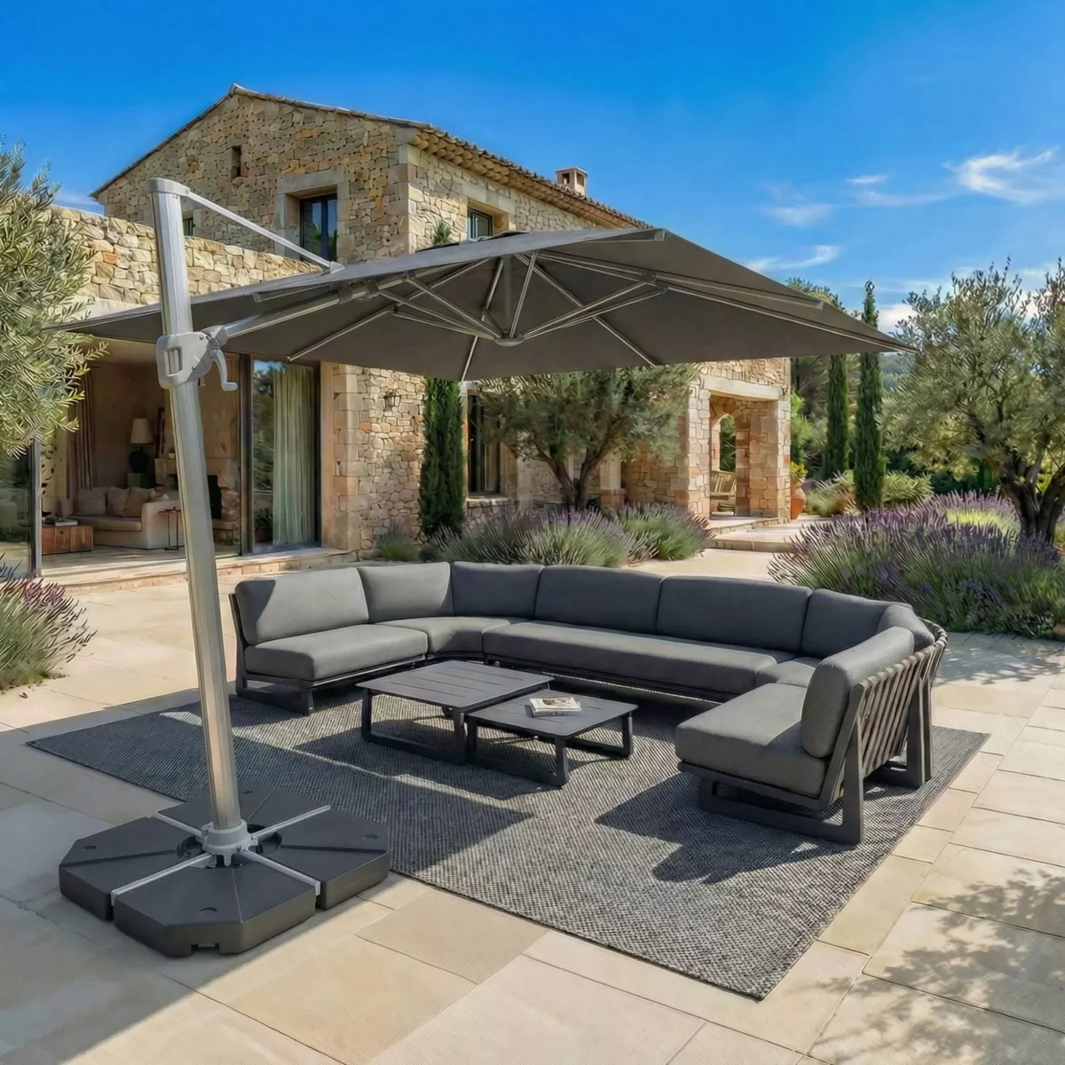 Ombrellone sporgente rettangolare in alluminio con base (3 x 4 m) Elyra Metallico lucido e Antracite