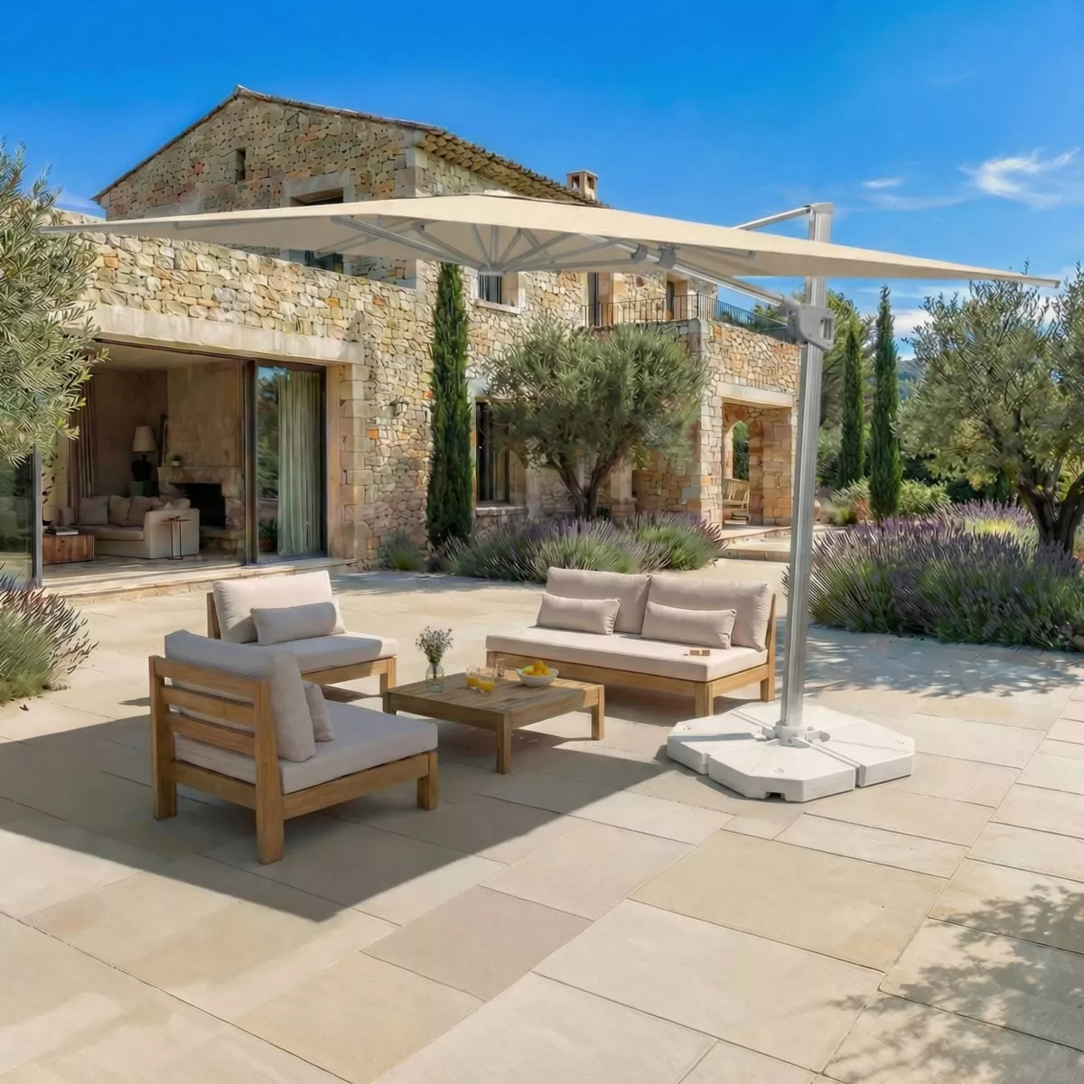 Ombrellone sporgente rettangolare in alluminio con base (3 x 4 m) Elyra Metallico lucido e Beige