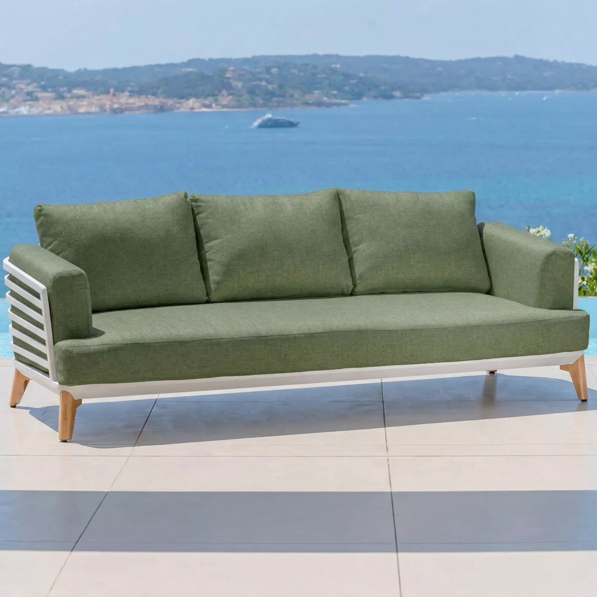 Divano da giardino in alluminio 3 posti Monte Carlo Bianco e verde rosmarino