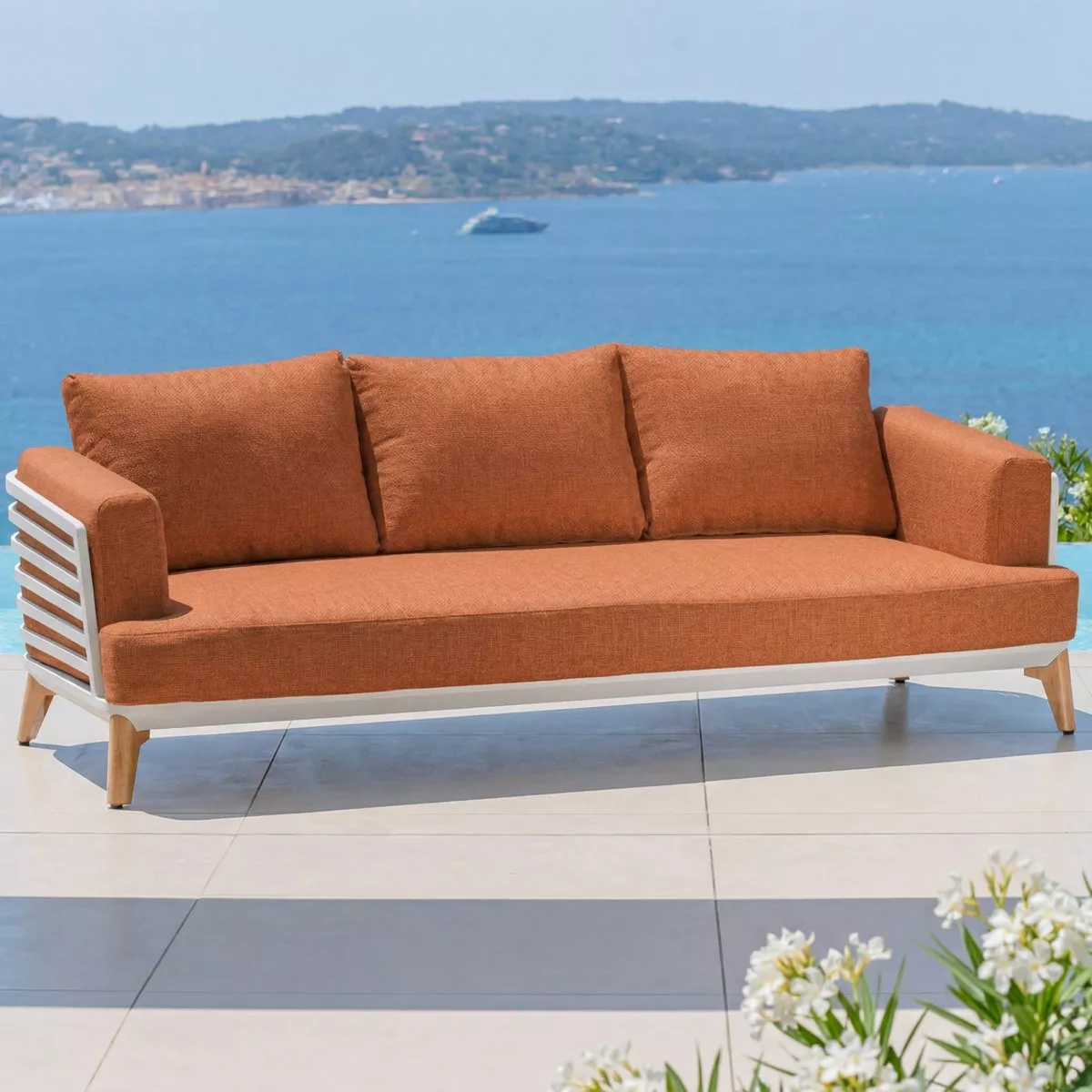 Divano da giardino in alluminio 3 posti Monte Carlo Bianco e terracotta