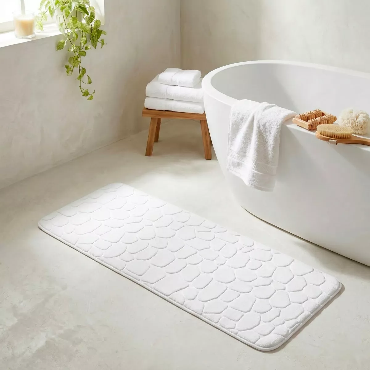 TAPIS MEMOIRE DE FORME MICROFIBRE GALET 45X120 CM - BLANC
