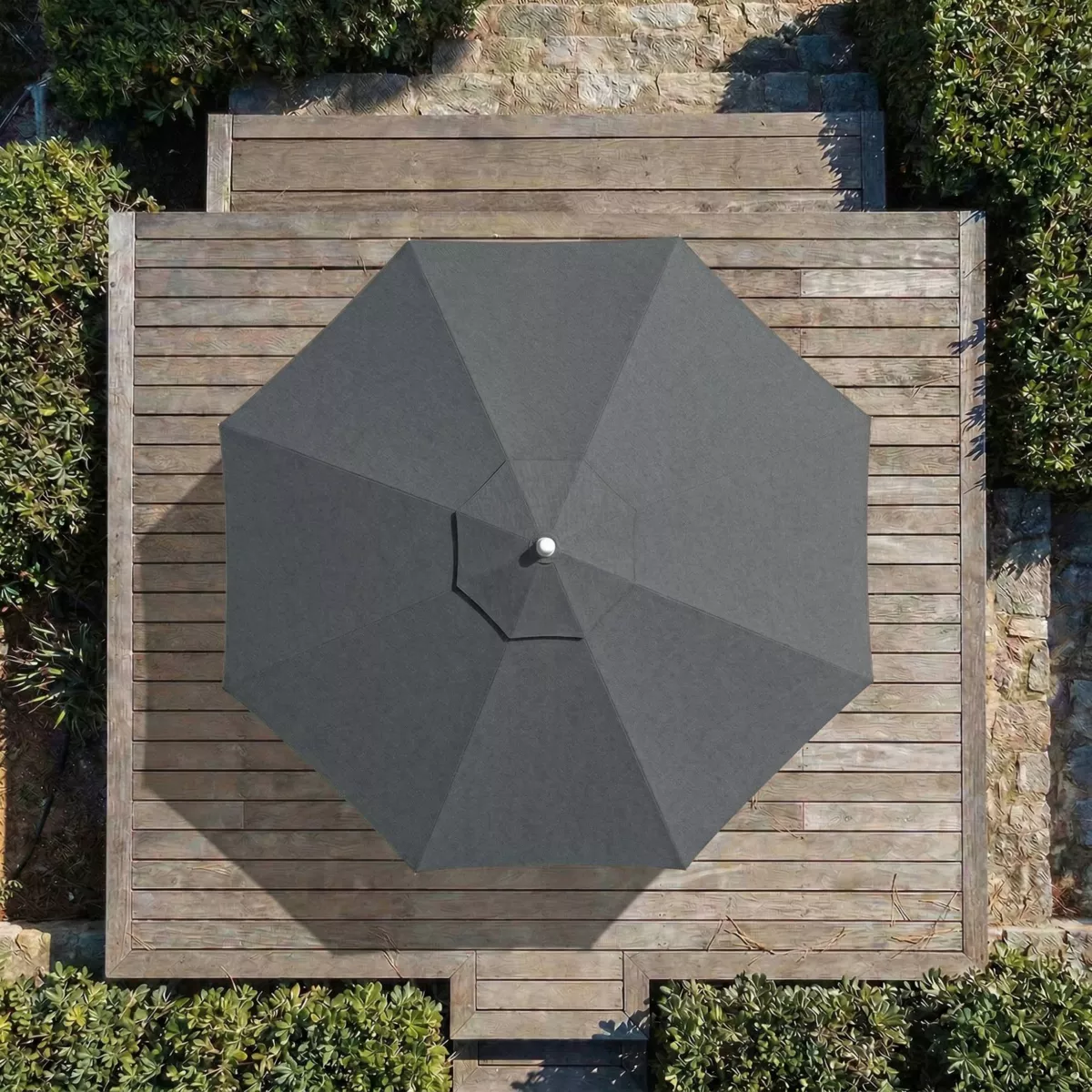 Runder Aluminium-Sonnenschirm (Durchmesser 3,3 m) Elyra in Holzoptik und Anthrazit