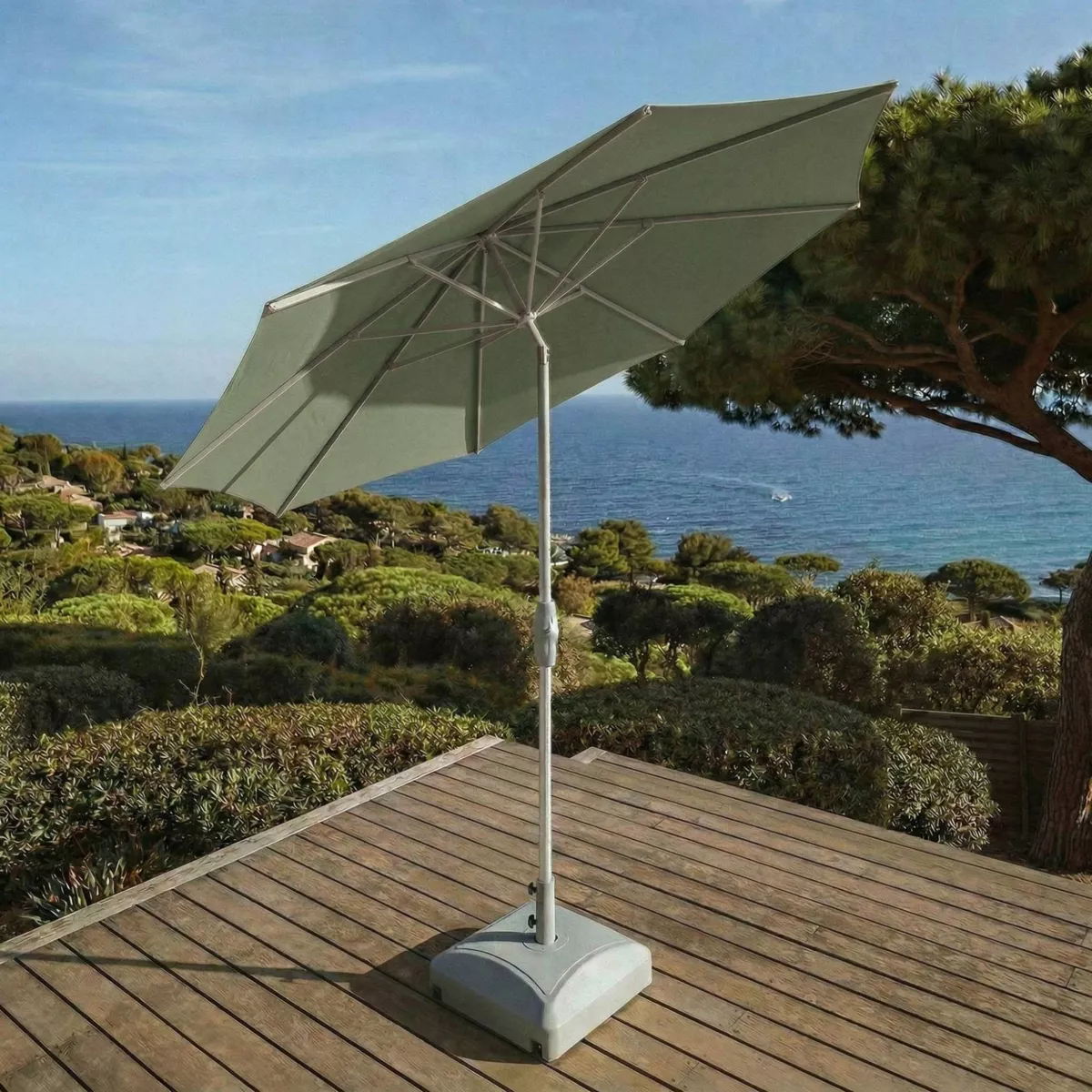 Parasol rond aluminium (D3,3 m) Elyra Métallisé brillant et Vert olive