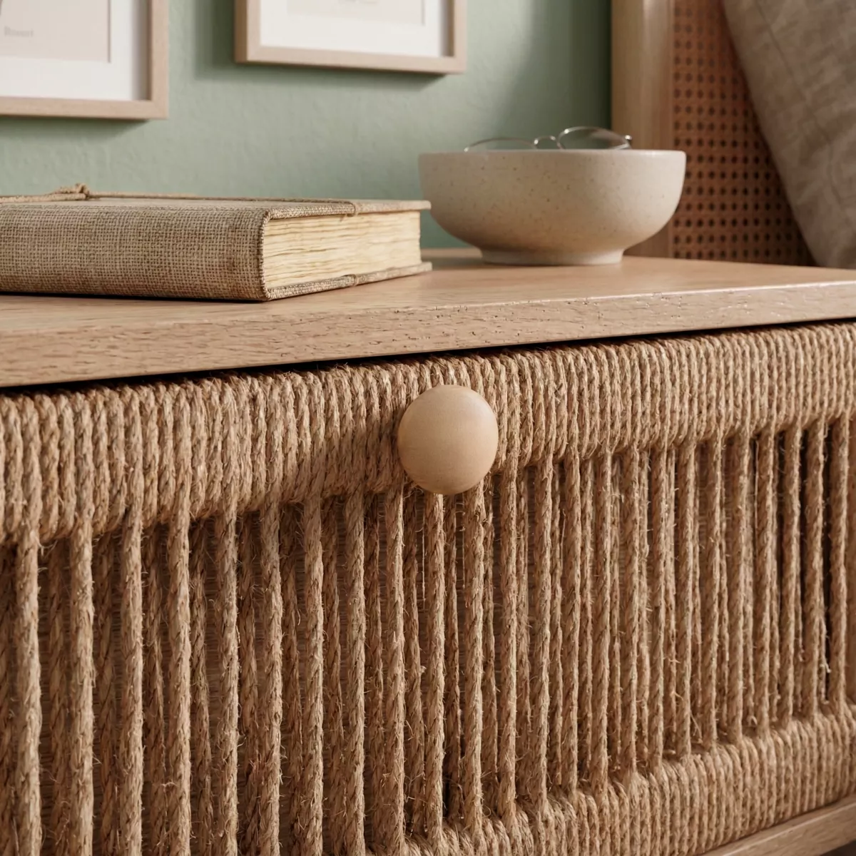 Comodino legno e corde di canapa (Alt 58 cm) Manille  cassetto Beige