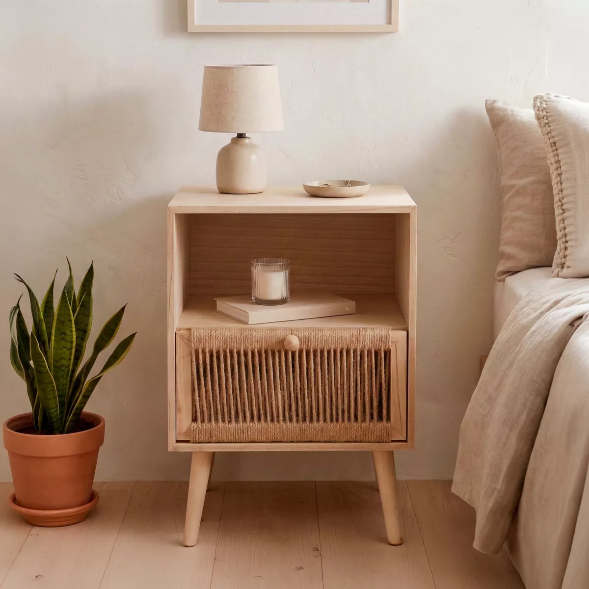 Comodino legno e corda di canapa (Alt 55 cm) Manille vano a giorno Beige