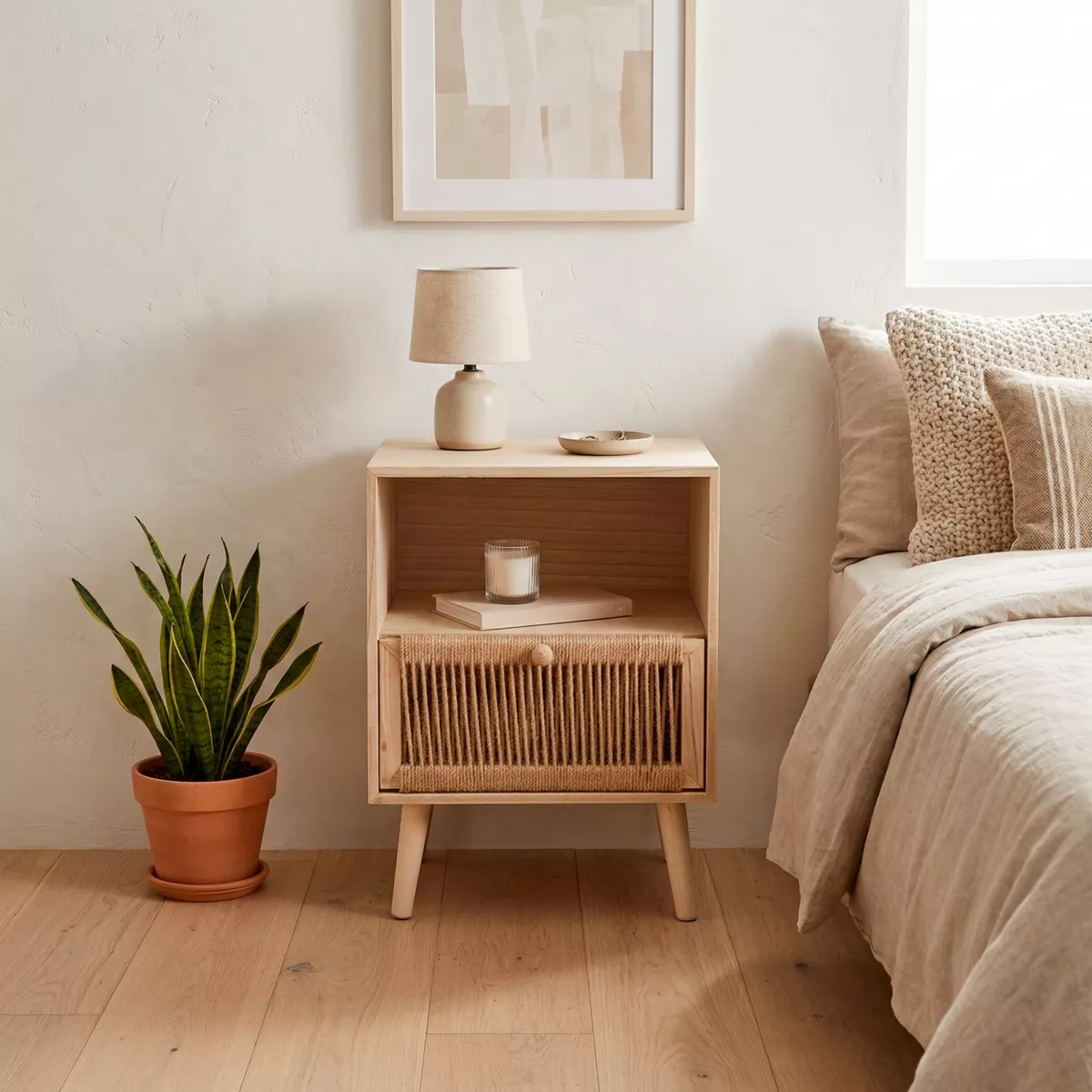 Comodino legno e corda di canapa (Alt 55 cm) Manille vano a giorno Beige