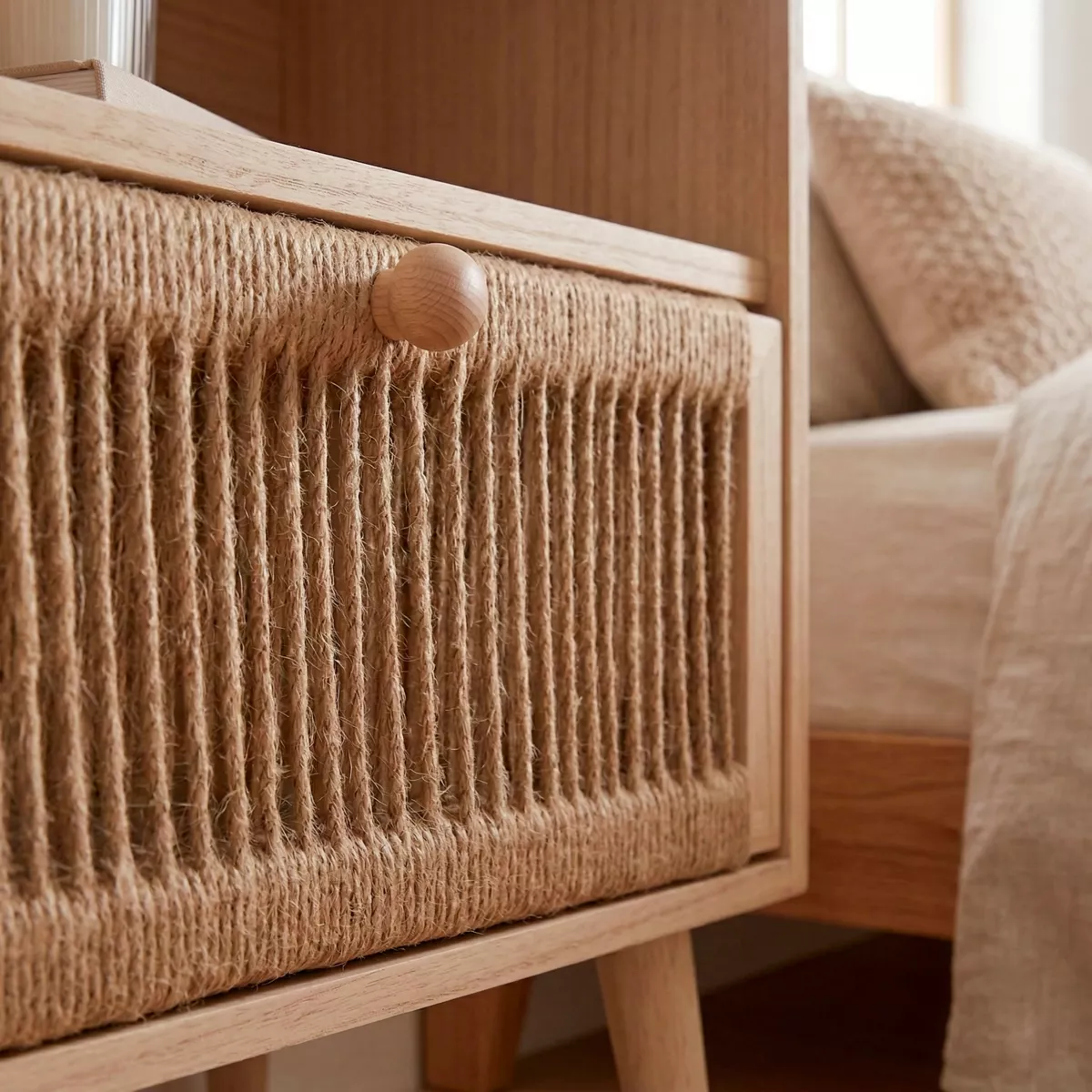 Comodino legno e corda di canapa (Alt 55 cm) Manille vano a giorno Beige