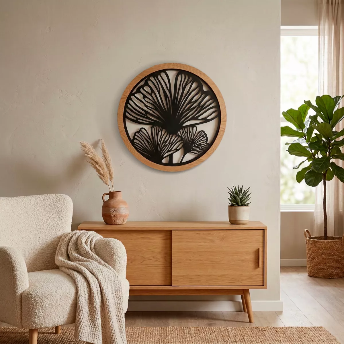 Decorazione murale rotonda in metallo (D60 cm) Ginkgo Nero