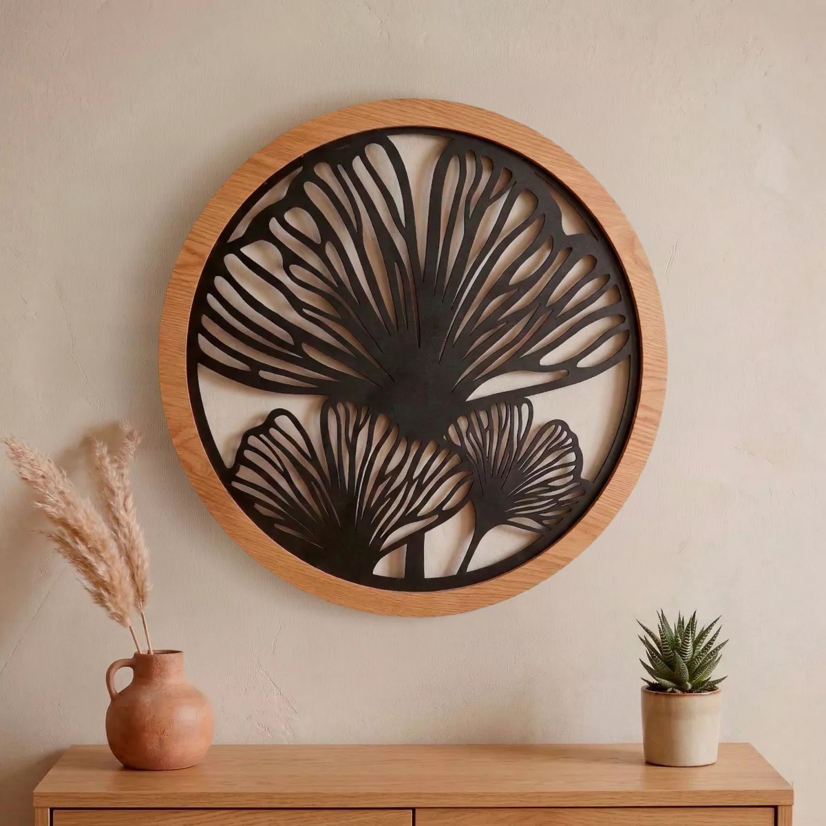 Decorazione murale rotonda in metallo (D60 cm) Ginkgo Nero