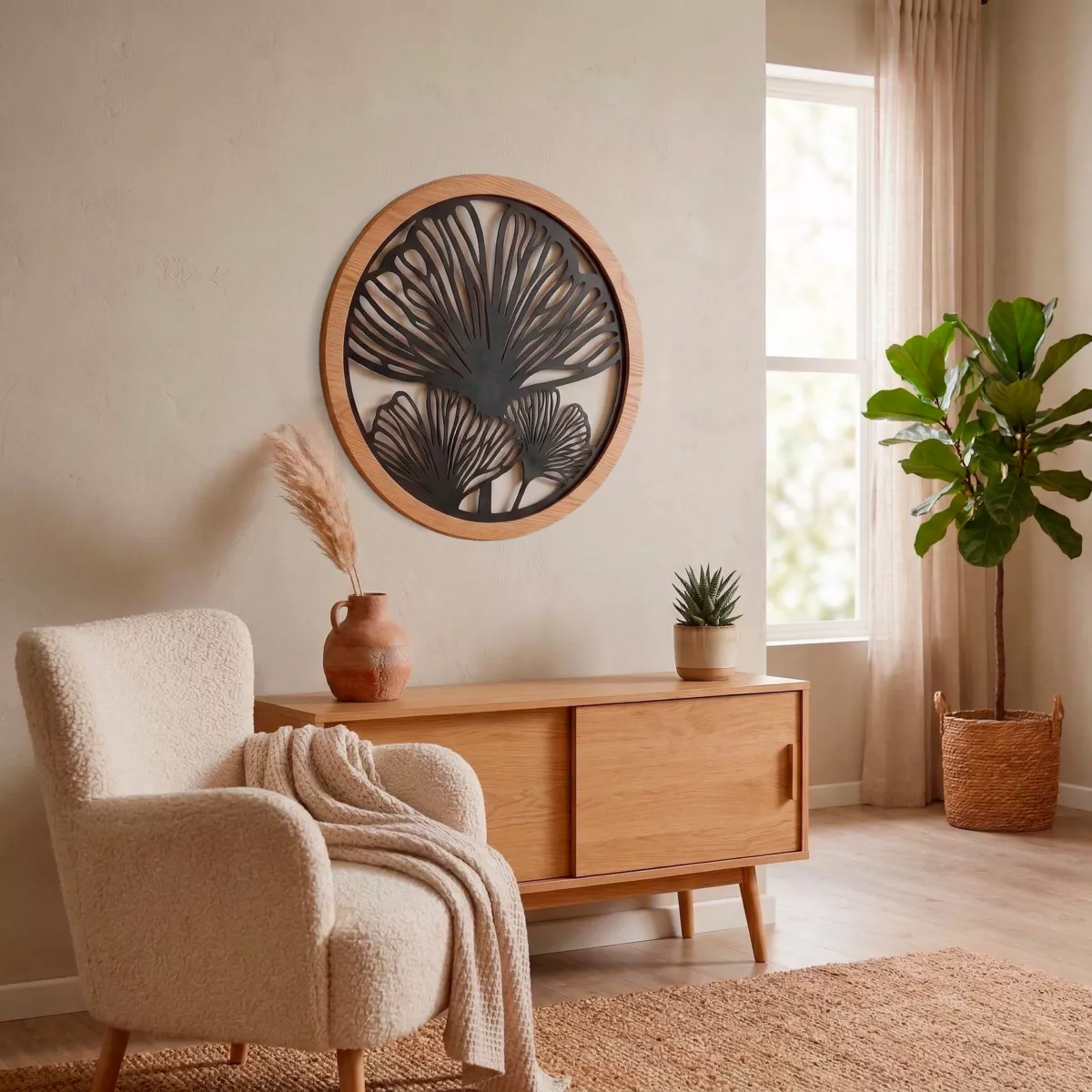 Decorazione murale rotonda in metallo (D60 cm) Ginkgo Nero