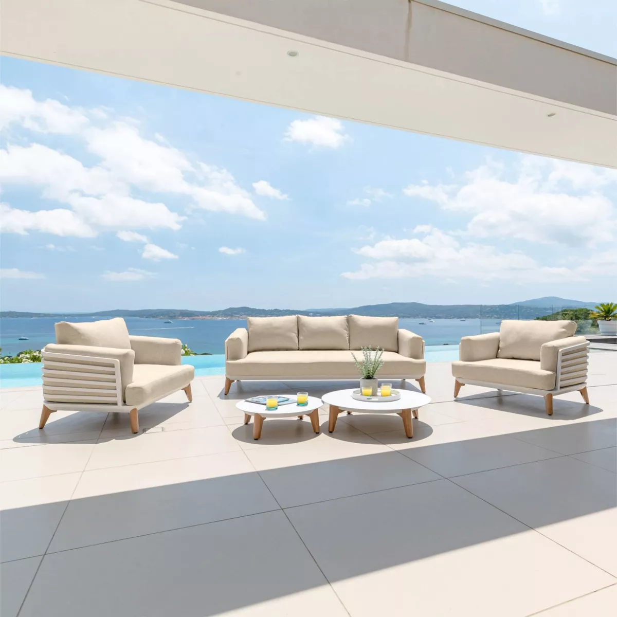 Conjunto de jardín de aluminio 5 plazas 5 piezas Monte Carlo Blanco y beige