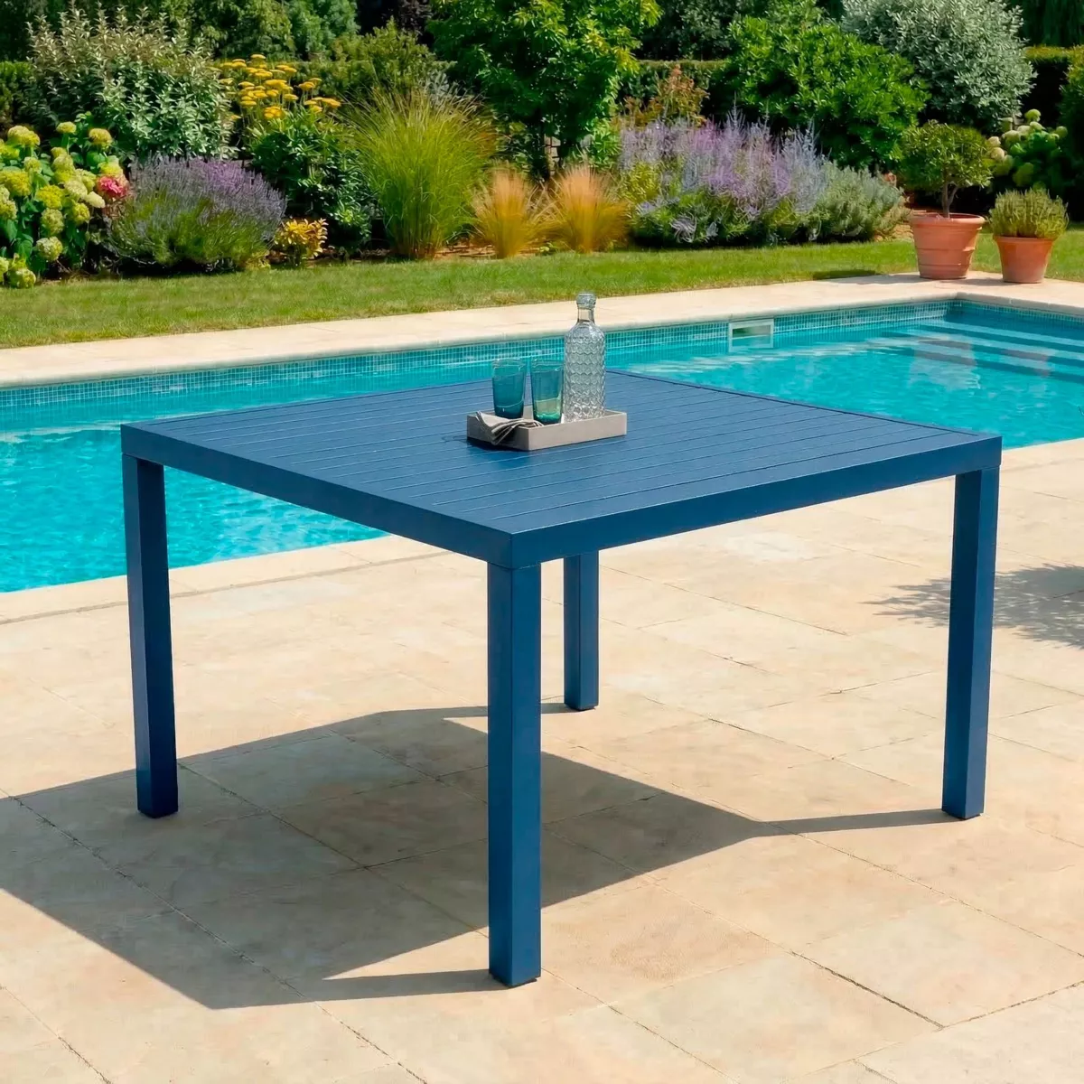 Gartentisch quadratisch Aluminium 8 PlÃ¤tze (136 x 136 cm) Murano Petrolblau