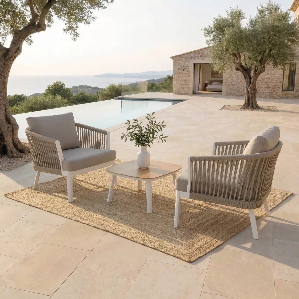 SALON DE JARDIN AMALFI 2 PLACES STRUCTURE BLANC ET COUSSINS TAUPE