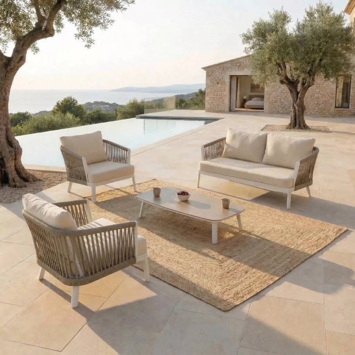 Salotto da giardino in alluminio 4 posti 4 pezzi Amalfi Bianco e beige