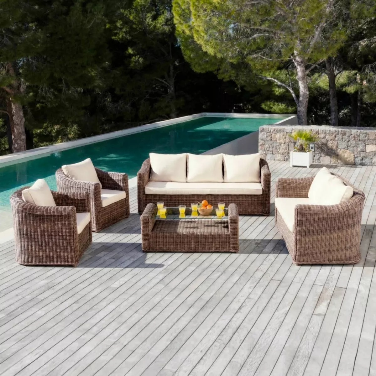 Salon de jardin en résine tressée 7 places 5 pcs Calvi Sepia et beige