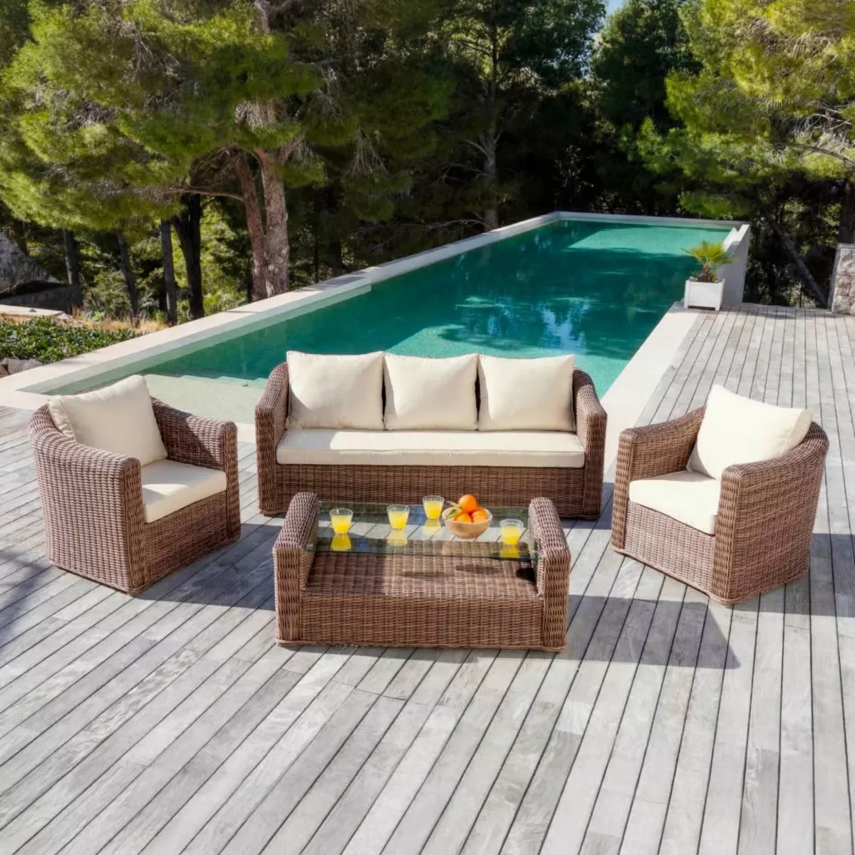 Salon de jardin en résine tressée 5 places 4 pcs Calvi Sepia et beige