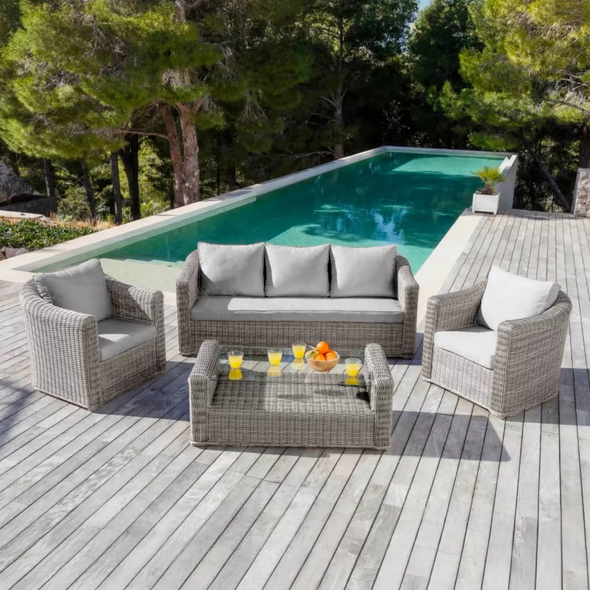 Salotto da giardino in resina intrecciata 5 posti 4 pezzi Calvi Grigio e grigio chiaro