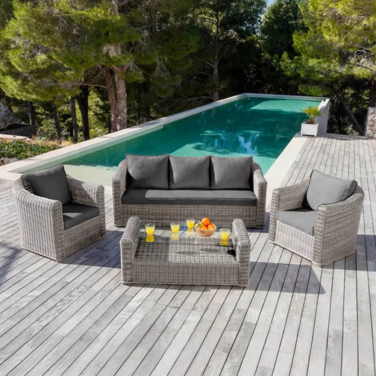 Salon de jardin en résine tressée 5 places 4 pcs Calvi Gris et gris foncé