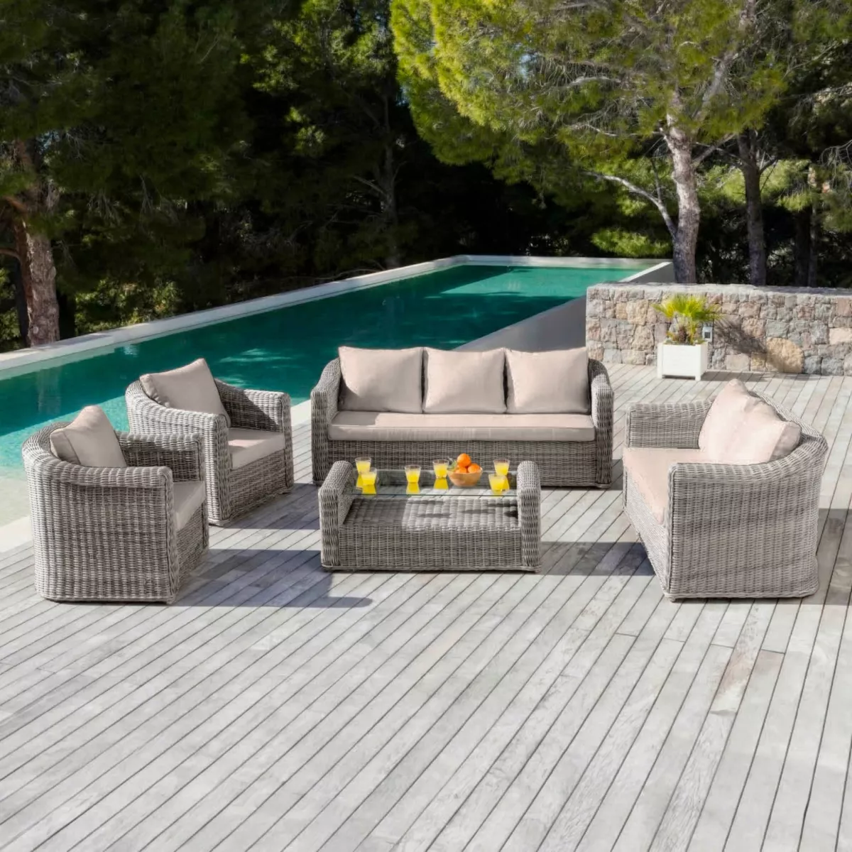 Salon de jardin en résine tressée 7 places 5 pcs Calvi Gris et taupe