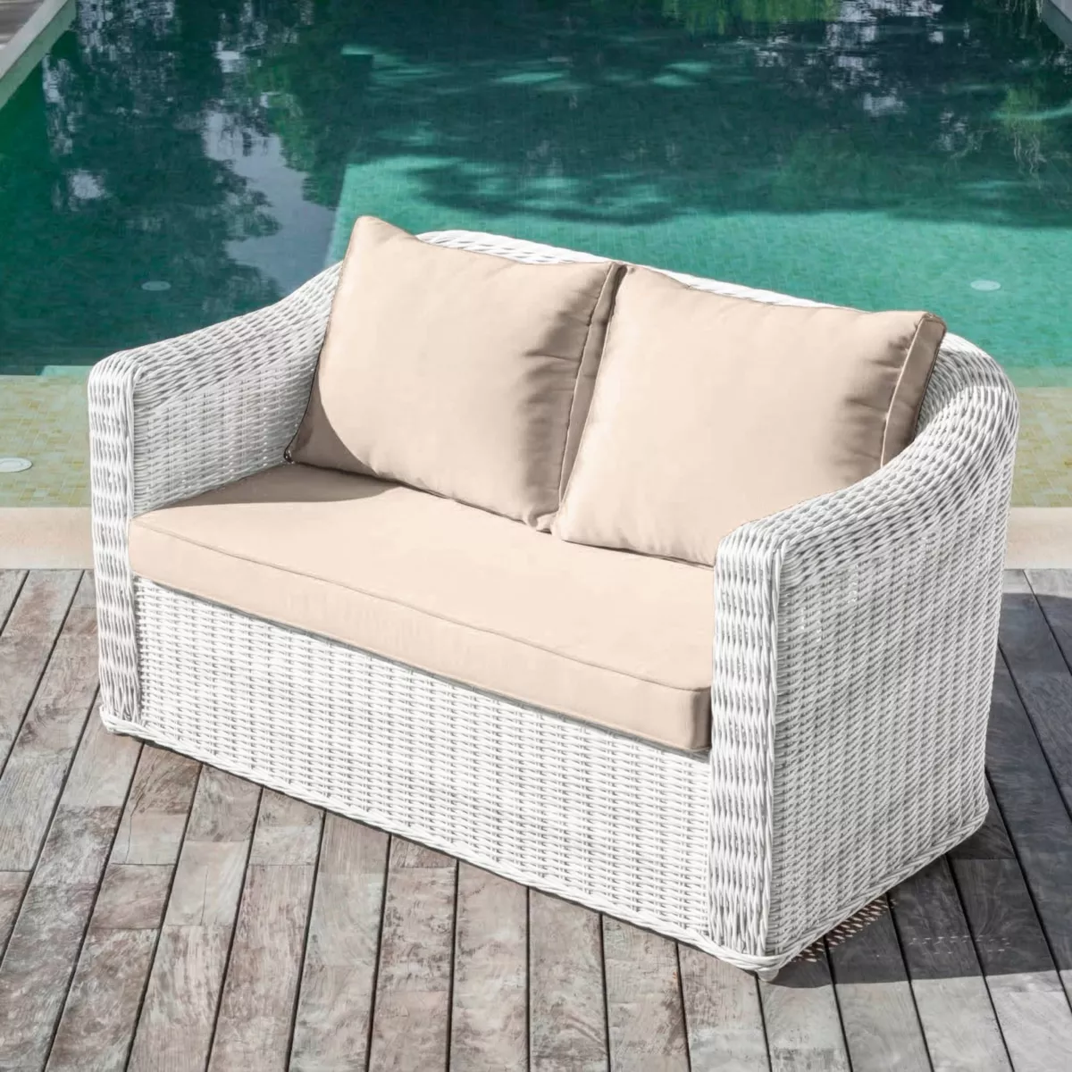 Divano da giardino in resina intrecciata 2 posti Calvi Bianco e tortora