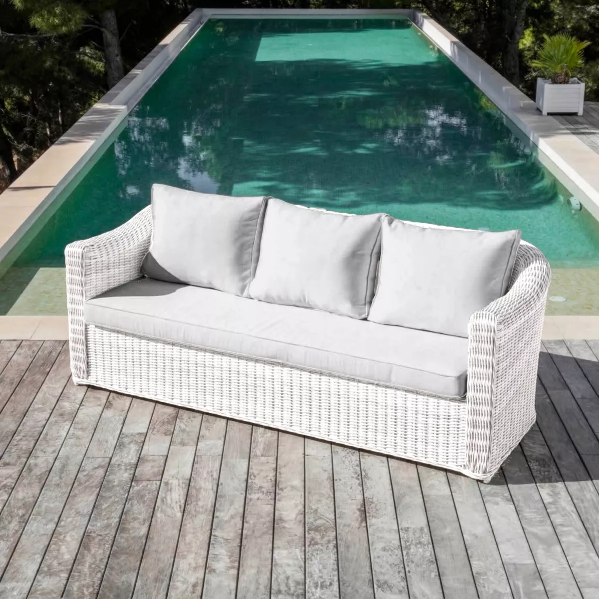Canapé de jardin en résine tressée 3 places Calvi Blanc et gris clair