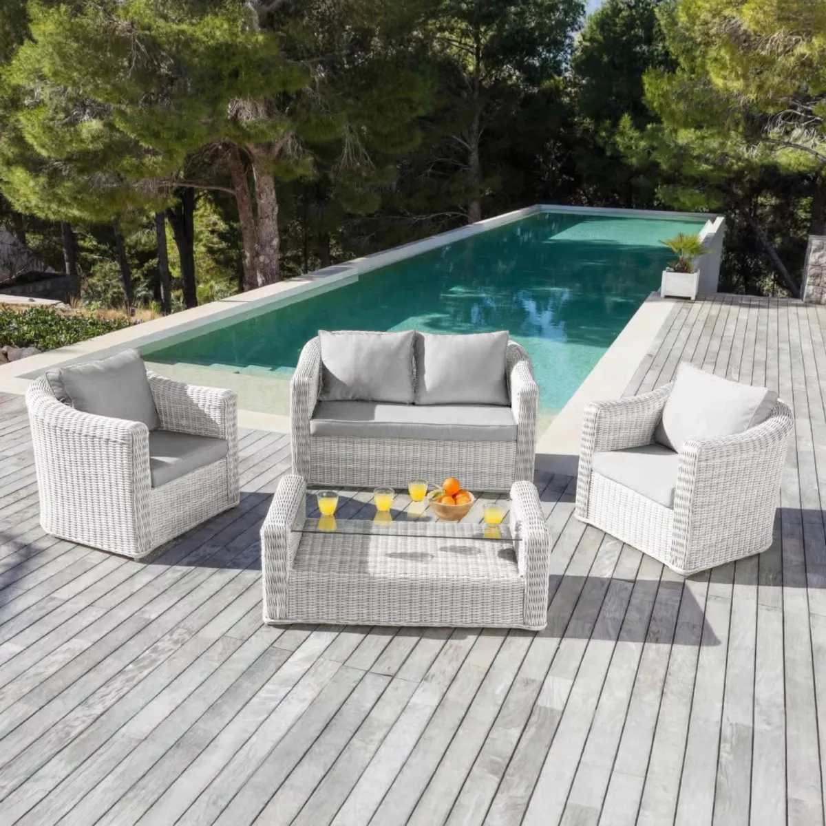 Salon de jardin en résine tressée 4 places 4 pcs Calvi Blanc et gris clair