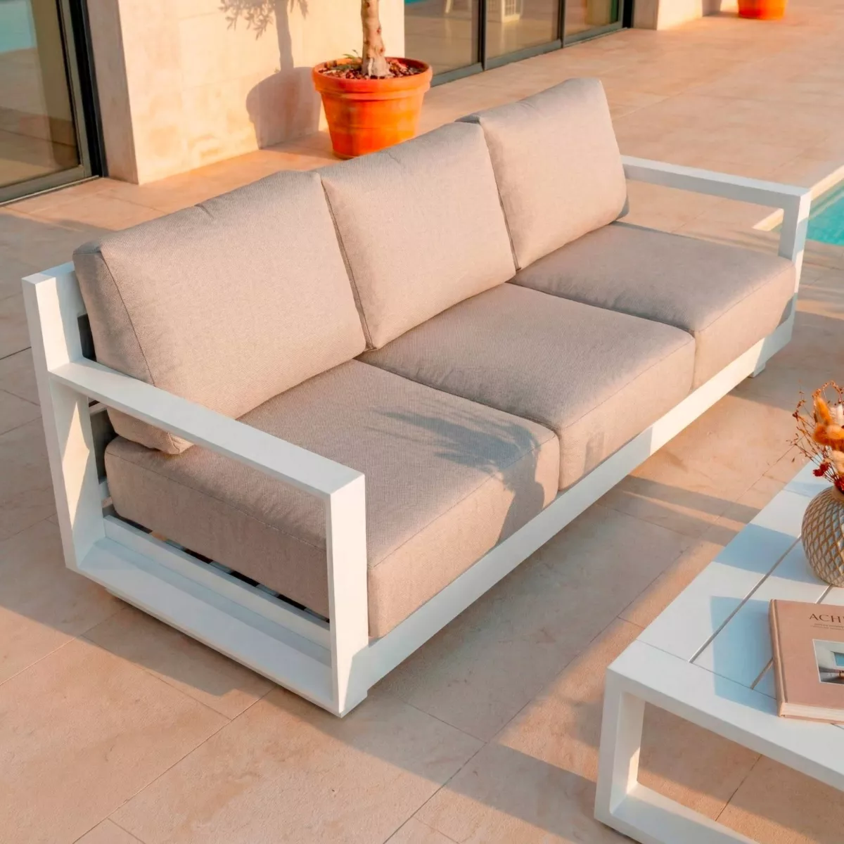Canapé de jardin en aluminium 3 places Elba Blanc et taupe