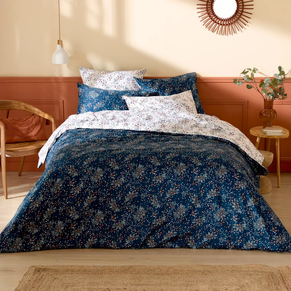 Federa cuscino quadrata in raso di cotone (65 x 65 cm) Lilou Blu navy