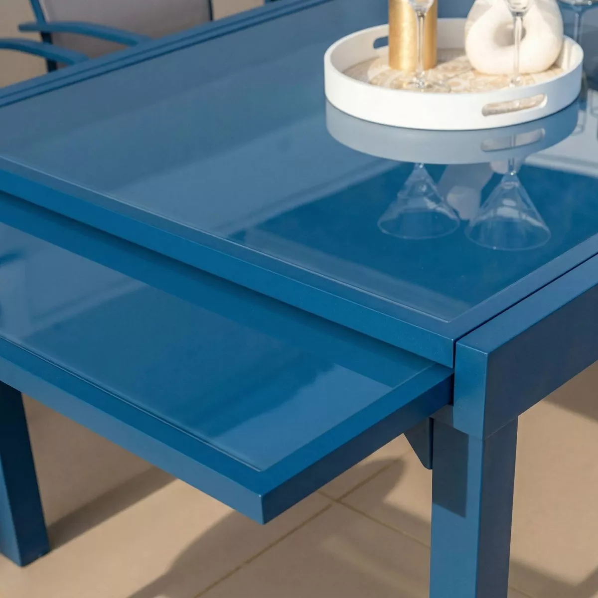 Tavolo da giardino allungabile in vetro 12 posti (200/320 x 100 cm) Murano Blu petrolio