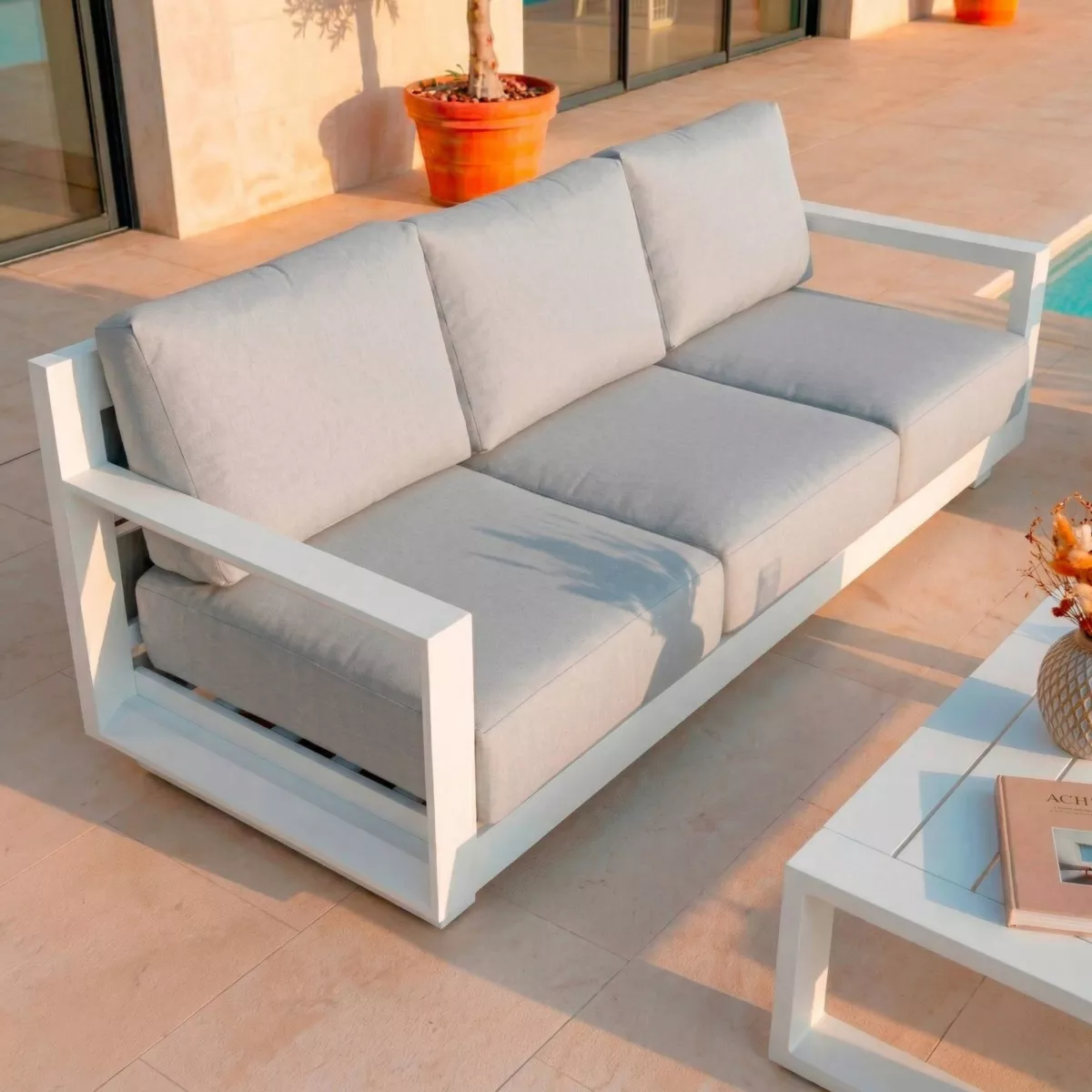 Divano da giardino in alluminio 3 posti Elba Bianco e grigio chiaro