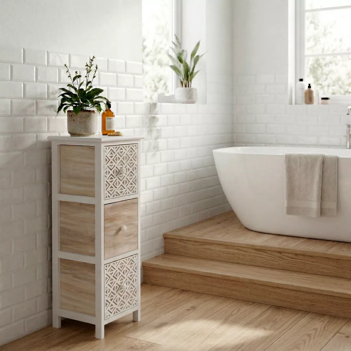 Mobiletto bagno 3 cassetti in legno di paulownia (77 x 25 cm) Stile Bohémien Bianco