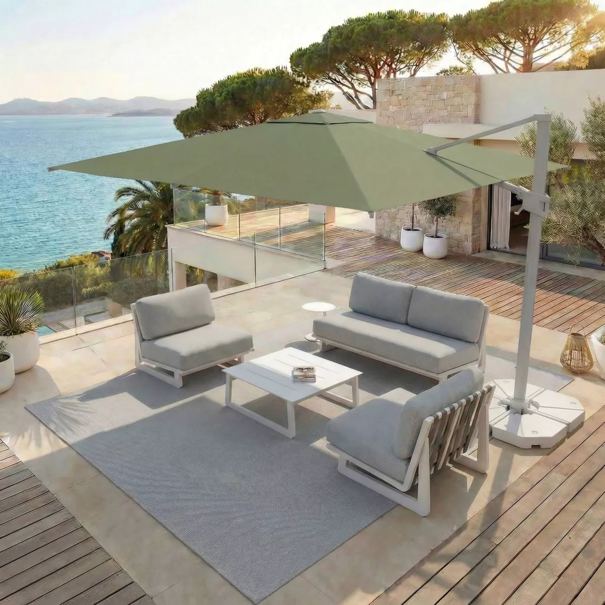 Ombrellone decentrato quadrato in alluminio con base (3 x 3 m) Elyra Bianco e Verde oliva