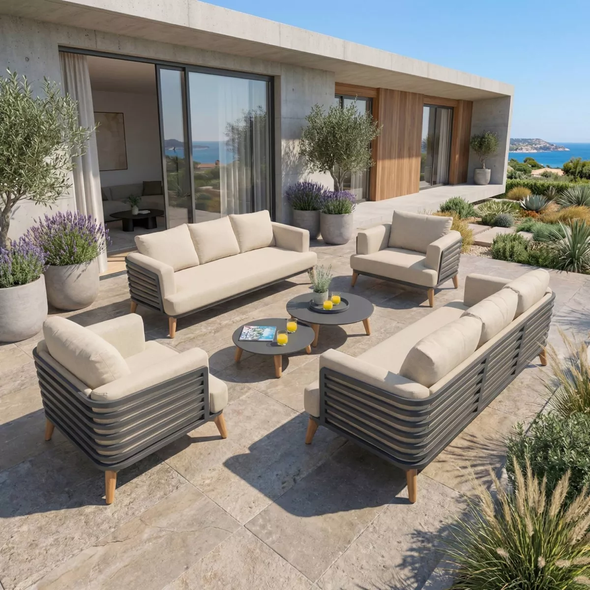 SALON DE JARDIN MONTE-CARLO 8 PLACES STRUCTURE ANTHRACITE ET COUSSINS BEIGE