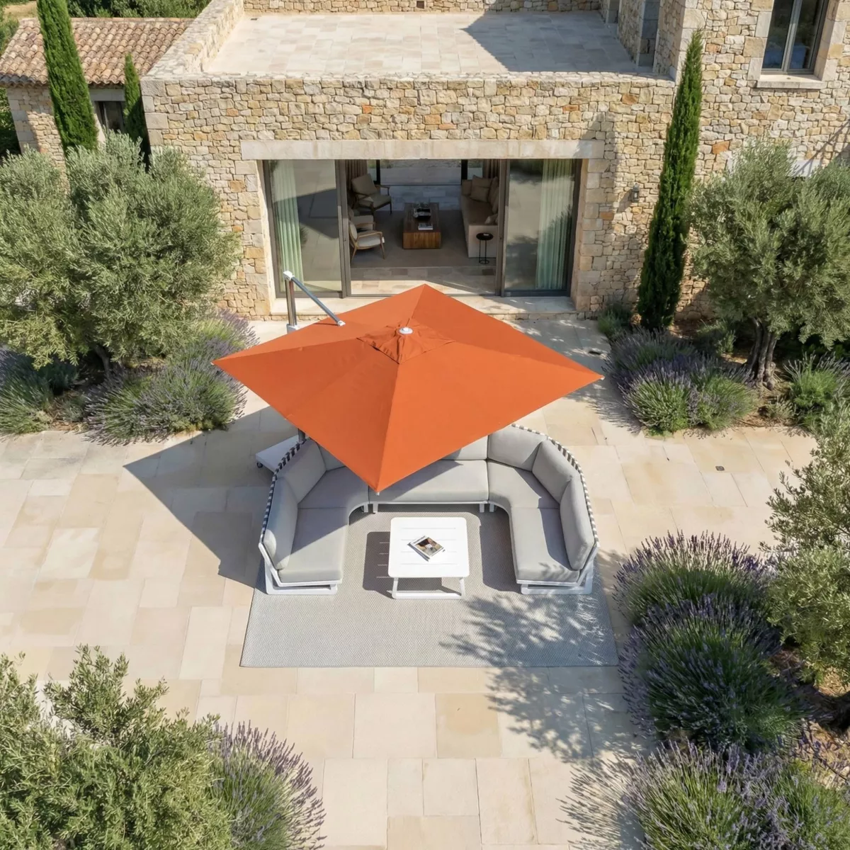 Ombrellone sporgente quadrato in alluminio con base (3 x 3 m) Elyra Metallico lucido e Terracotta