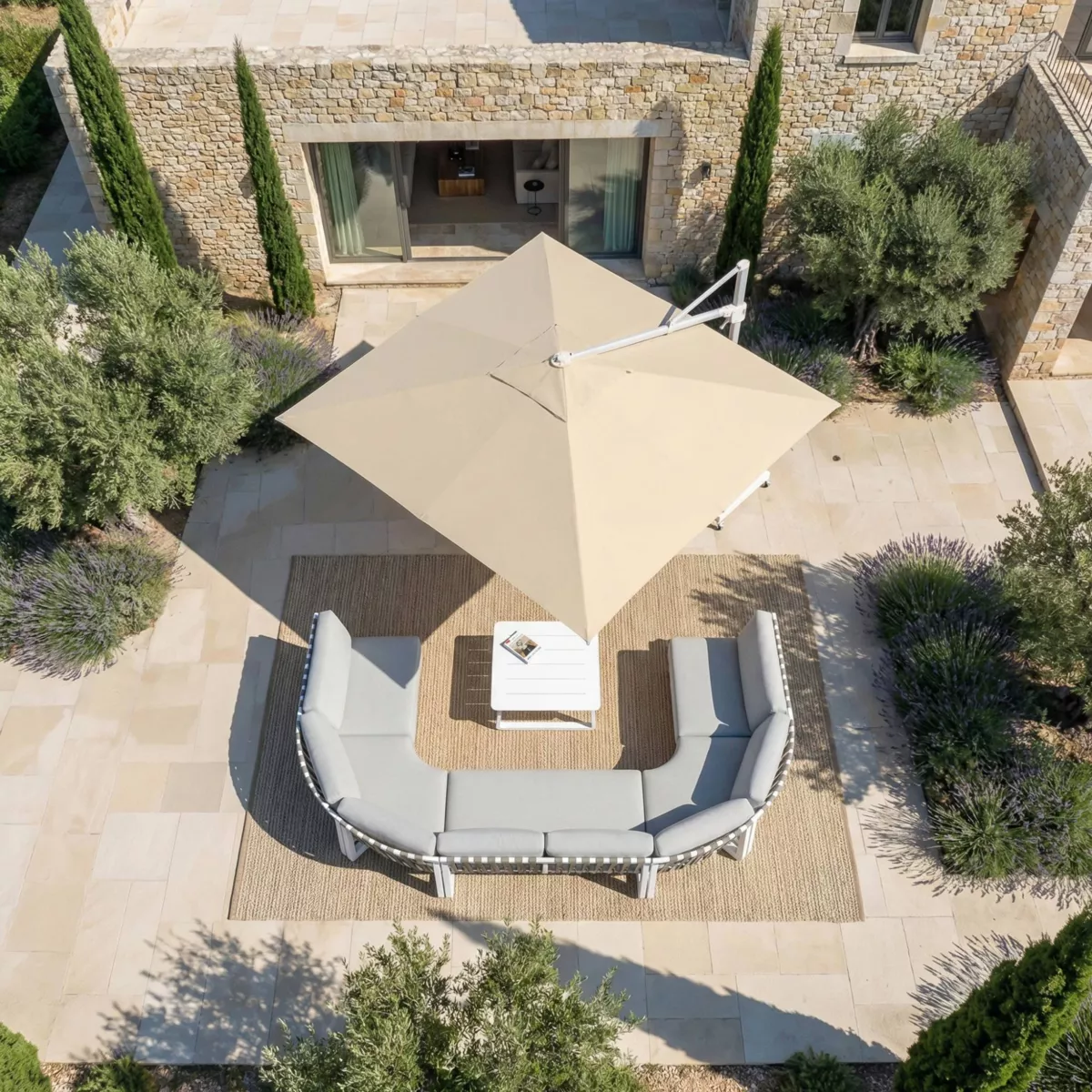 Parasol déporté carré aluminium avec socle (3 x 3 m) Elyra Blanc et Beige