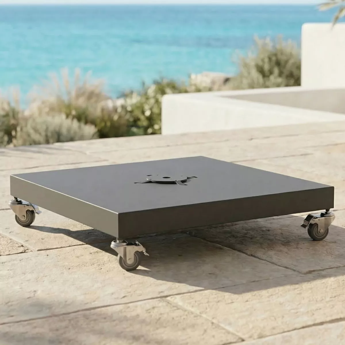 Parasol déporté carré aluminium avec socle (3 x 3 m) Elyra Anthracite et Taupe