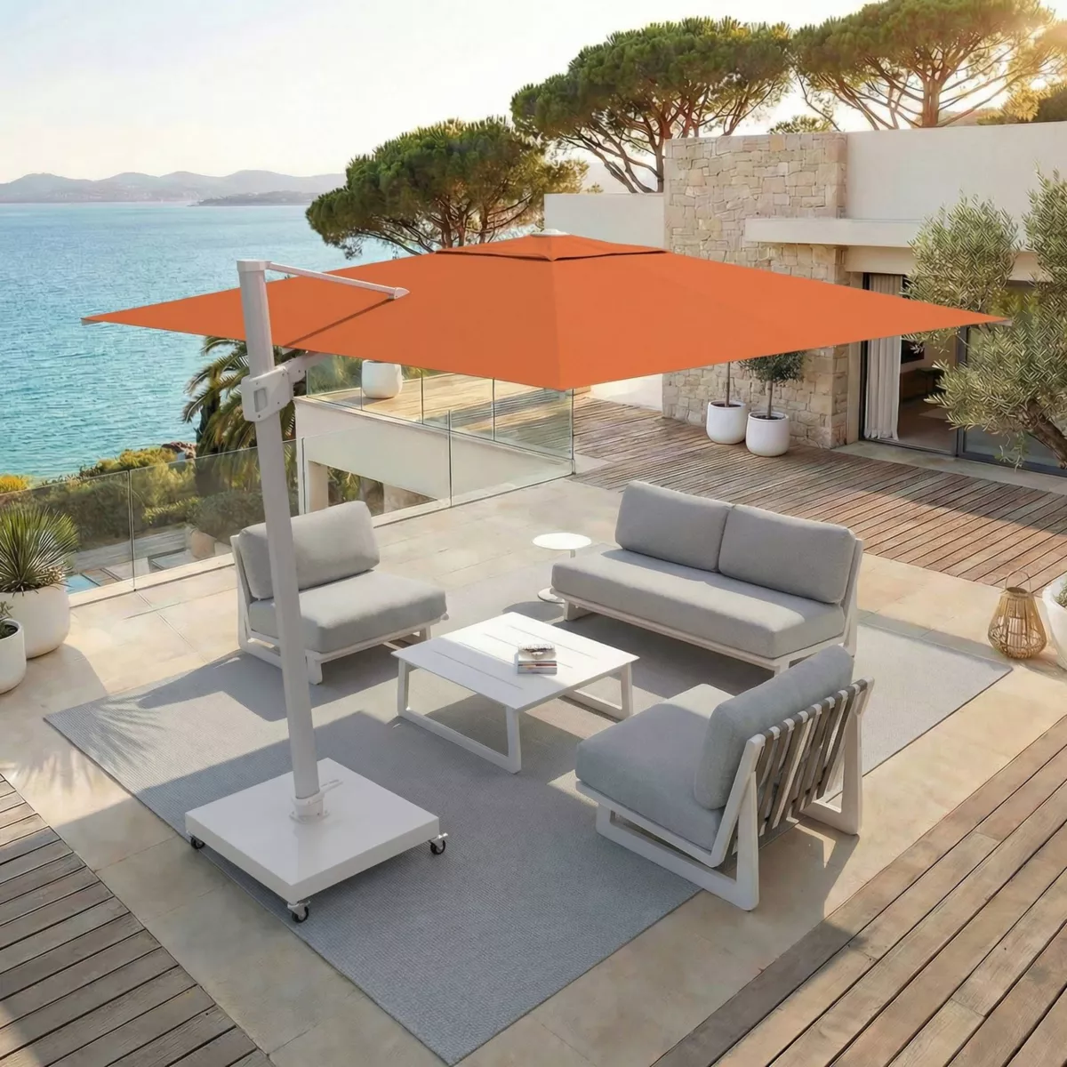 Ombrellone sporgente rettangolare in alluminio con base (3 x 4 m) Elyra Bianco e Terracotta