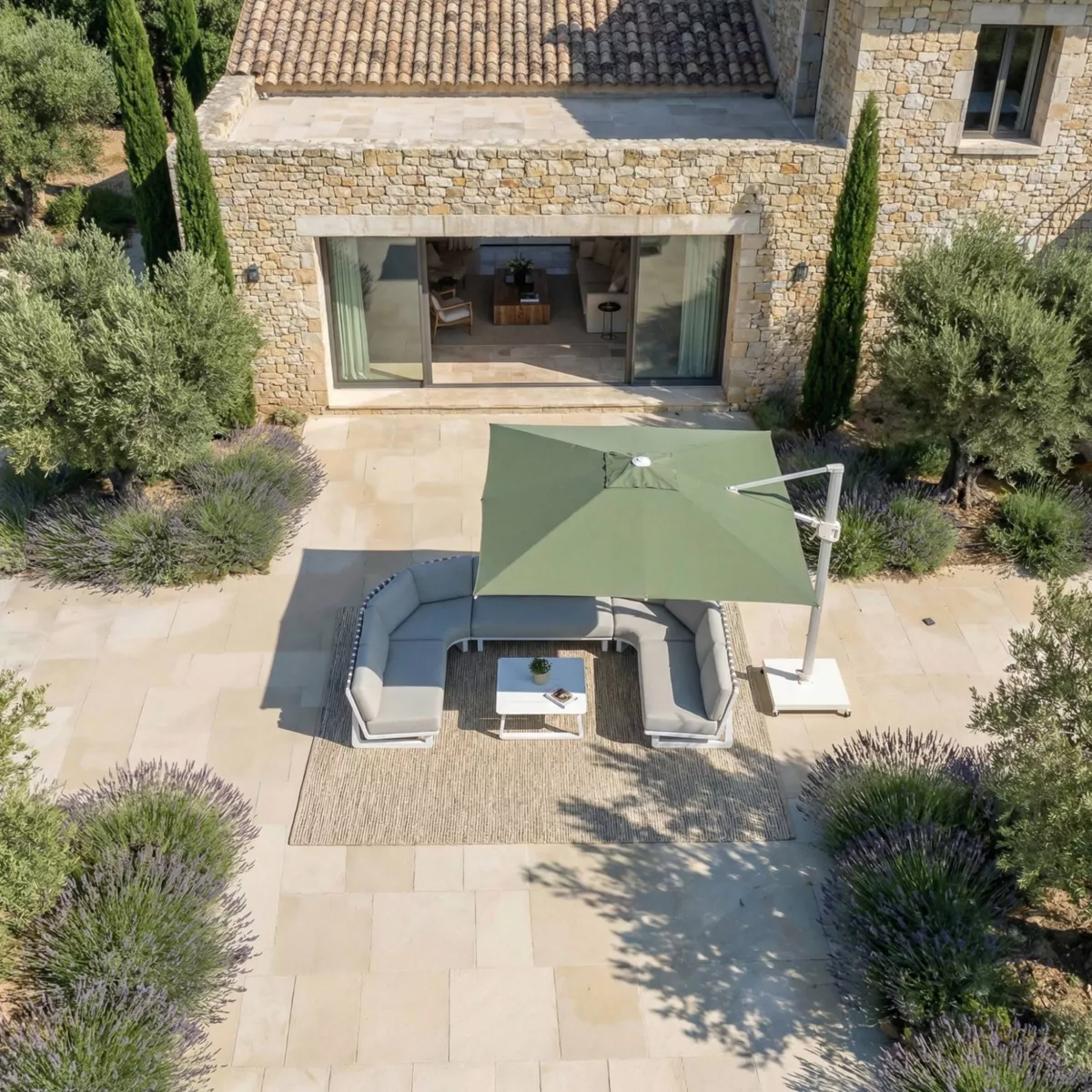 Parasol déporté carré aluminium avec socle (3 x 3 m) Elyra Blanc et Vert olive