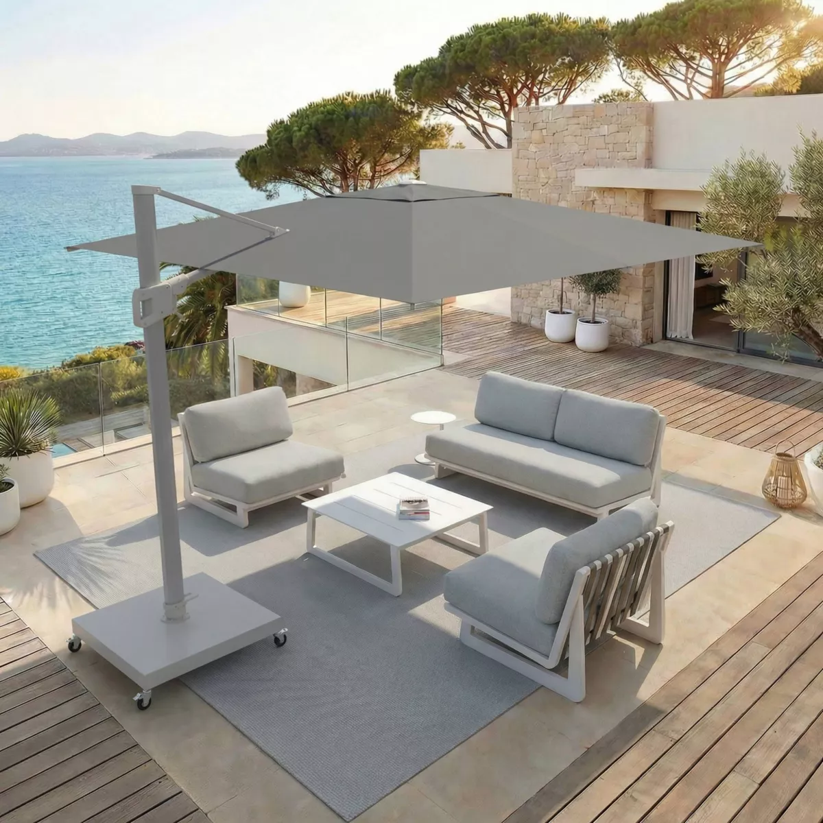 Ombrellone sporgente rettangolare in alluminio con base (3 x 4 m) Elyra Bianco e Antracite