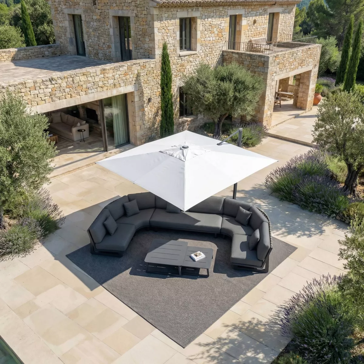 Parasol déporté carré aluminium avec socle (3 x 3 m) Elyra Anthracite et Blanc